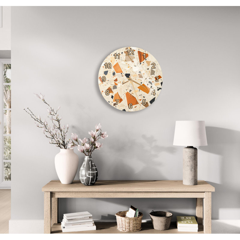 Horloge murale Terrazzo, motif de pierre beige, décor bohème moderne, montre ronde en verre trempé, montre de cuisine à chiffres romains