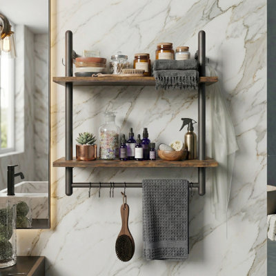 Retro Country Style Double-Layer Floating Wall-Mounted Shelf With Built-In Hooks. Suitable For Kitchen Storage, Bathroom Organization, And Bedroom Tidying.