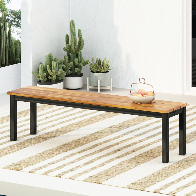 Banc en bois de style avec structure en métal pour patio et cour, largeur de 63 po, profondeur de 15 po, hauteur de 18,15 po, composition extérieure en couleur, pattes de choix classiques, l, P, H