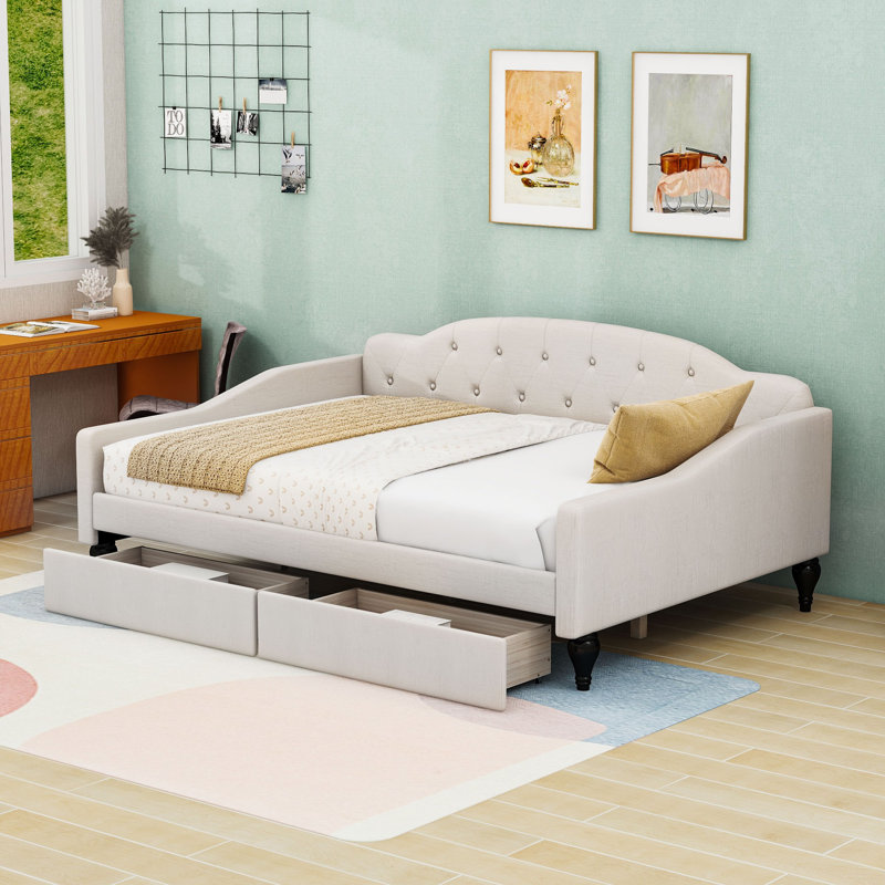 Full-Size Linen Upholstered Daybed with Two Drawers