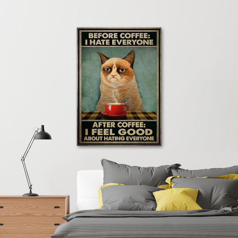 «Méchant chat - Avant et après café», impression sur toile, H 20 po x l 16 po x P 2 po