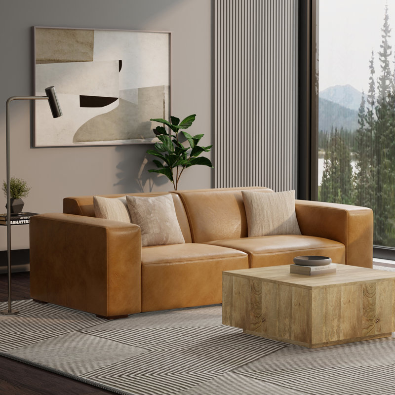 Rex Large 2-Seater Sofa in Genuine Leather Living Room Couch, Modern Boxy Design with Extra-Wide Armrests, Handcrafted