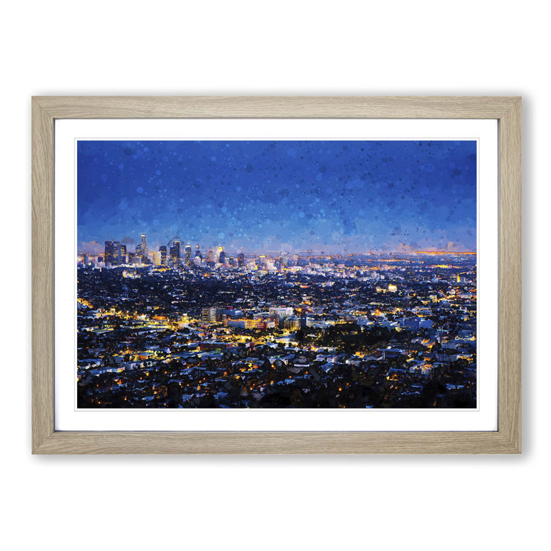 Los Angeles City Skyline at Night in Abstract - Picture Frame Graphic Art Print on MDF, 50cm H x 76cm W x 2cm D, Oak