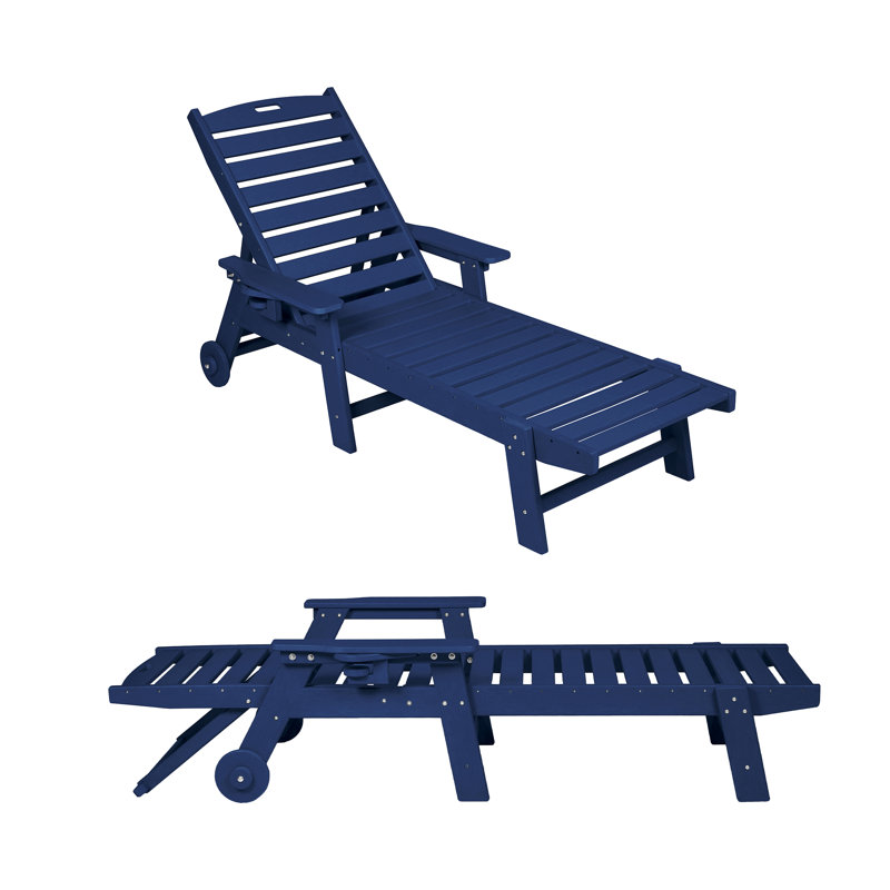 Lounge Chair Outdoor With Wood-Like Texture, 5-Position Adjustable Chaise Lounge With Cup Holder & Wheels, Heavy-Duty HDPE Patio Chair For Poolside & Deck (400Lbs Capacity)