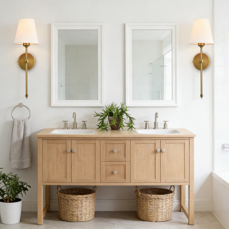 Hardwired Wall Sconces Set Of 2, Classic Brushed Brass Wall Lighting With Fabric Shade For Bathroom Vanity, Bedroom, Living Room, Hallway, And Kitchen