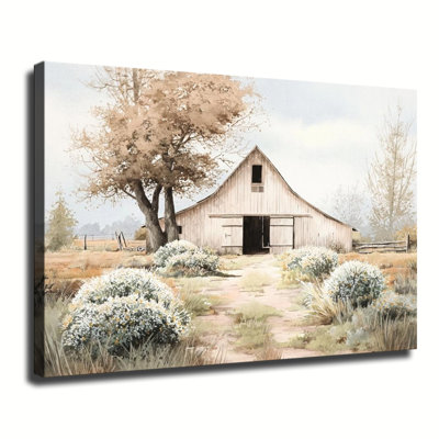 Paysage champêtre vintage en bois blanc, grange, aquarelle, grande toile tendue sur châssis, idéale pour le salon ou la chambre.