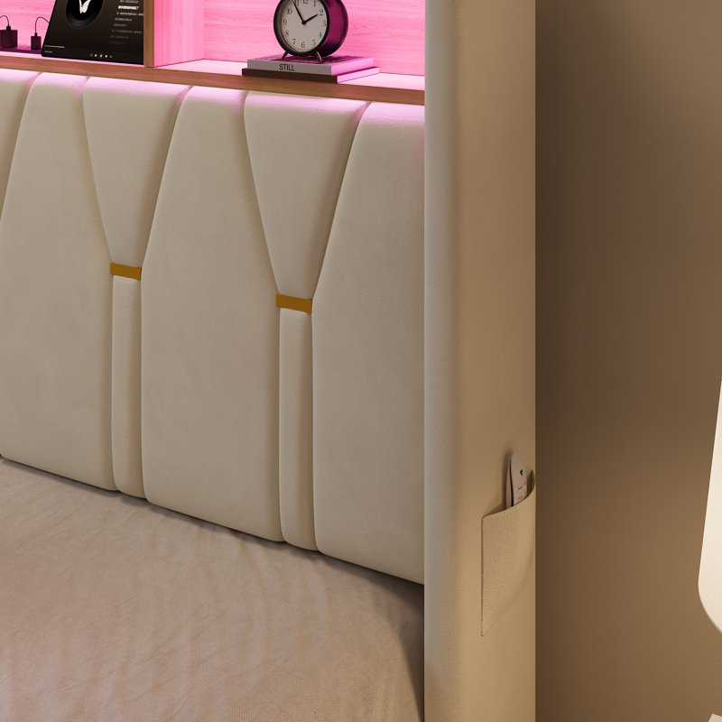 Structure de lit plateforme tapissier avec tête de lit à oreilles, lumières DEL, station de charge et compartiments de rangement, lit moelleux moderne, disponible en double, grand, très grand, sans sommier