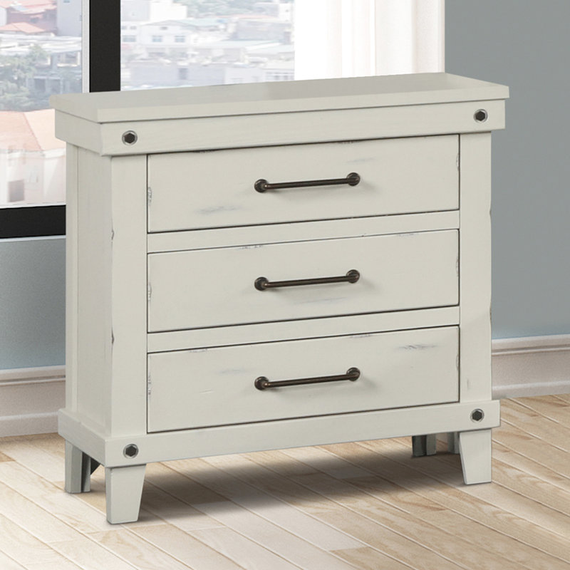 Table de chevet 3 en blanc, fabriquée en bois massif et dotée de 3 poignées de rangement pour la longévité