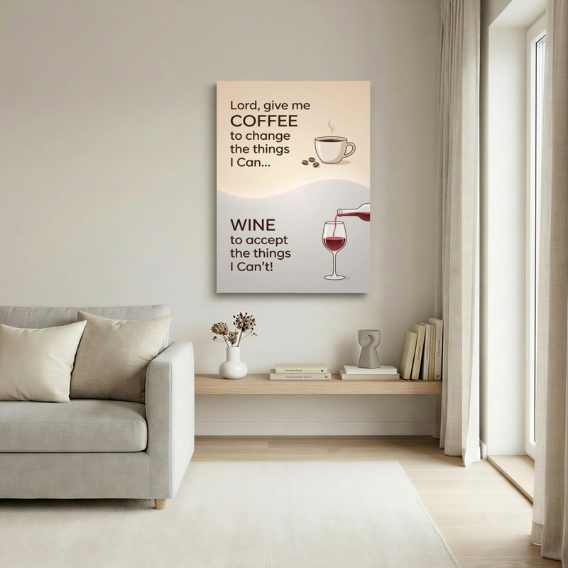 «Coffee and Wine», citation sur toile tendue, reproduction de peinture à l'huile avec tasse et verre pour la cuisine ou le salon