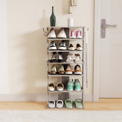 7-Tier Vertical Shoe Organizer With Hooks, Space-Saving Entryway Storage For 12-14 Pairs, Easy Assembly, Rustic Gray Finish