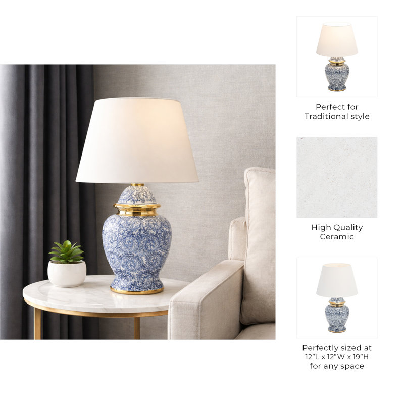 Lampe de table en grès cérame avec accents dorés et abat-jour en lin blanc - motif floral traditionnel bleu de 19 po pour la chambre à coucher, le salon, le bureau et la décoration intérieure