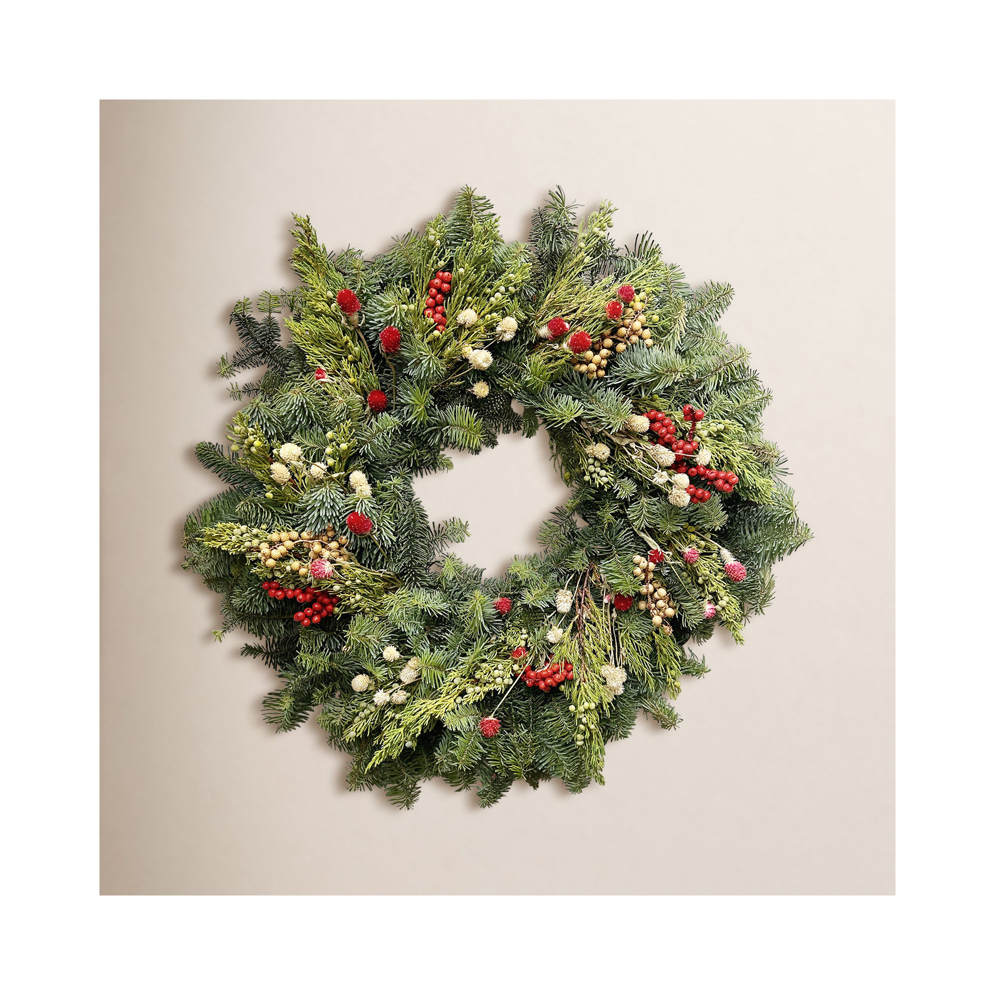 Natural Fresh Evergreens and Dried Flower Holiday Pine, Juniper, Globe Amaranth, and Red Berries Wreath