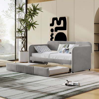 Twin Daybed With Upholstered Gray Trundle And Wood Slats, Elegant Comfort - Oriented, Space Saving Solution Bed Comfortable Resting Place, Stable Base