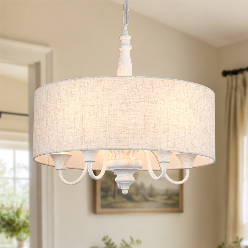 5 - Light Dimmable Drum Linen Shaded Farmhouse Chandelier For Living Room Dining Rooms, Distressed White