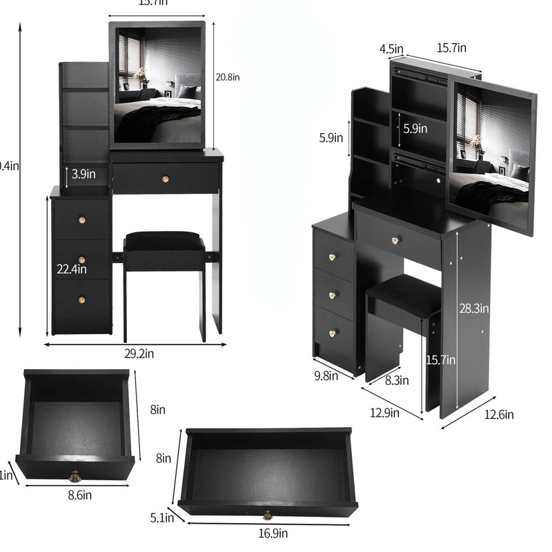 American Design Small Space Vanity Table With Cushioned Stool, Large Sliding Mirror, Multi-layer Storage, Black Dresser Size Left Bedside Cabinet Extra High Capacity Storage For Space,