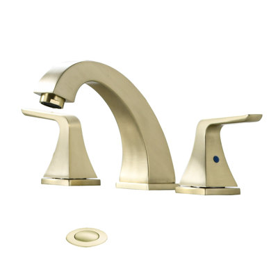 Robinet de salle de bain à entraxe de 61 mm (2 8 po), fini doré brossé, avec bonde escamotable et résistant à l'usure. Deux poignées, bonde, finition sur le plan de travail.