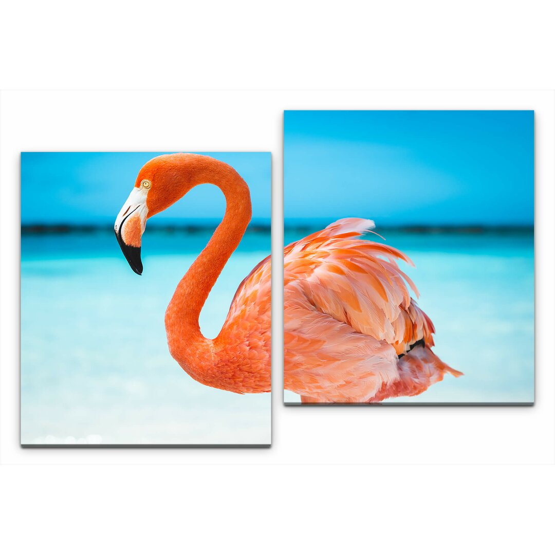 2-tlg. Leinwandbilder-Set Flamingo im Meer