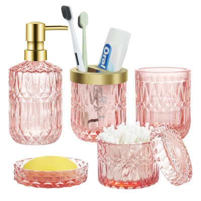 5PCS Glass Bathroom Accessories Sets, Vintage Gift, Includes Soap Dispenser, Soap Dish, Toothbrush Holder, Tumbler and Jar, Bathroom Organizer, Stylish Modern Bathroom Decor