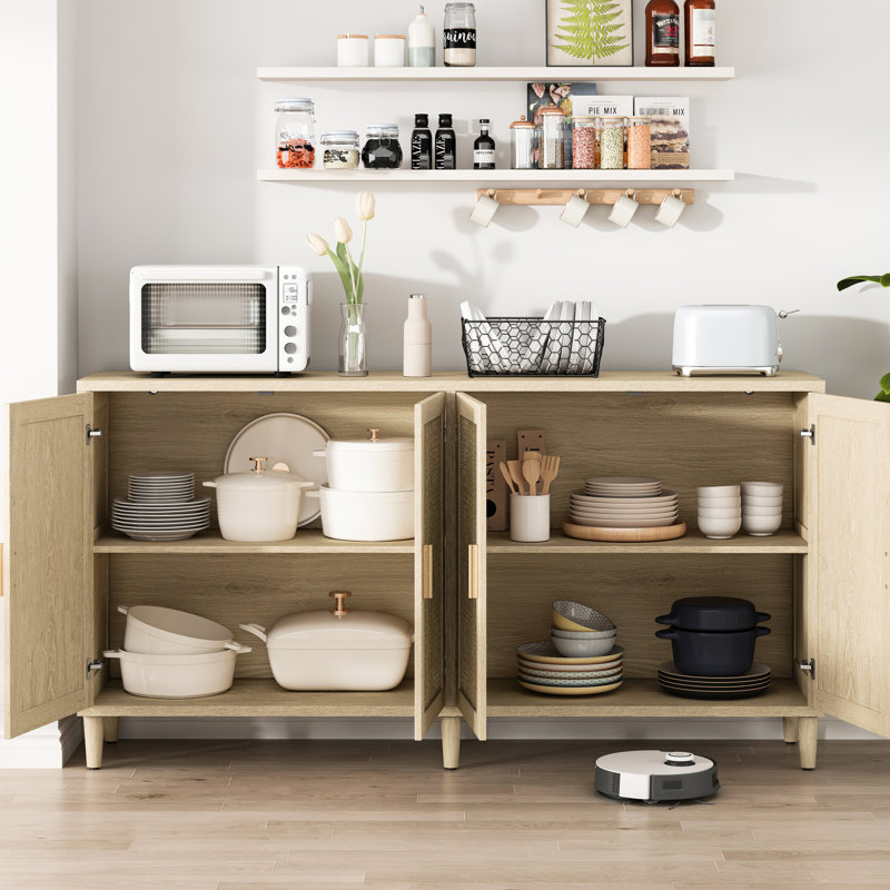 Buffet 70 po avec tablettes réglables, poignées en bois massif de haute qualité, capacité de charge naturelle de 4 portes pour la cuisine, facile à entretenir