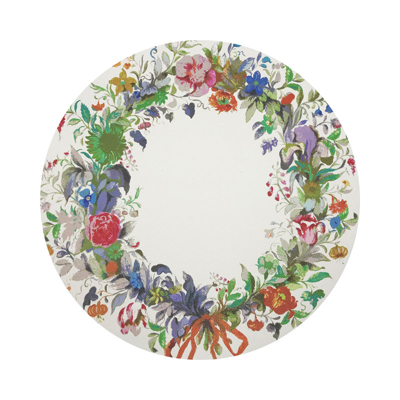 Wreath Flowers Blue Vegan Leather Round Coasters, Orange