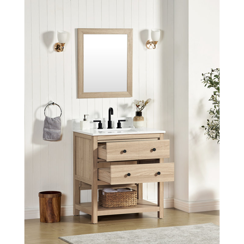 Meuble-lavabo simple 30 po avec comptoir en quartz de Carrare blanc, évier et dosseret, chêne clair, pré-assemblé Encino, 30"