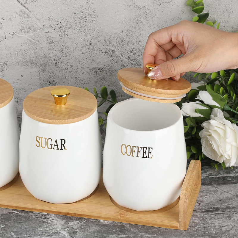 Set Of 3 Ceramic Canisters Set For Sugar Coffee Tea With Handle Tray, Luxurious Storage Containers Sets With Lids Decorative Storage Pots Black Ceramic Storage Jar For Kitchen Dining Room