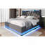 Grand lit tapissier, fonction DEL à 360 degrés, boutons / applications / télécommande, lit de rangement hydraulique avec chargement USB Type-C, gris, lin (sans matelas)-855088709