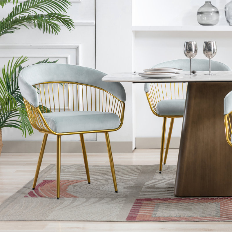 Modern Mid Century Dining Chair, Upholstered Velvet Dining Room Chairs with Metal Legs for Makeup/Living Room, Blue