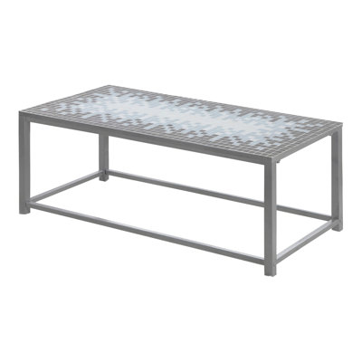 Table d'appoint pour salon - 107 cm (42 po) de long, carrelage bleu, métal gris, plateau rectangulaire en carreaux de café, base.