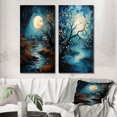 Clair de lune azuré Mystic River - ensemble de 2 impressions sur toile Forest River
