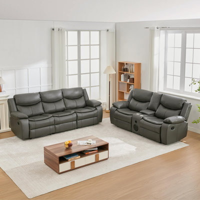 Riverdale Faux Leather Manual Recliner Sofa Set, 3-Seater Reclining Couch & 2-Seater Loveseat with Center Console, Cup Holders and Built-in Speakers, Overstuffed Reclining Furniture for Living Room Home Theater