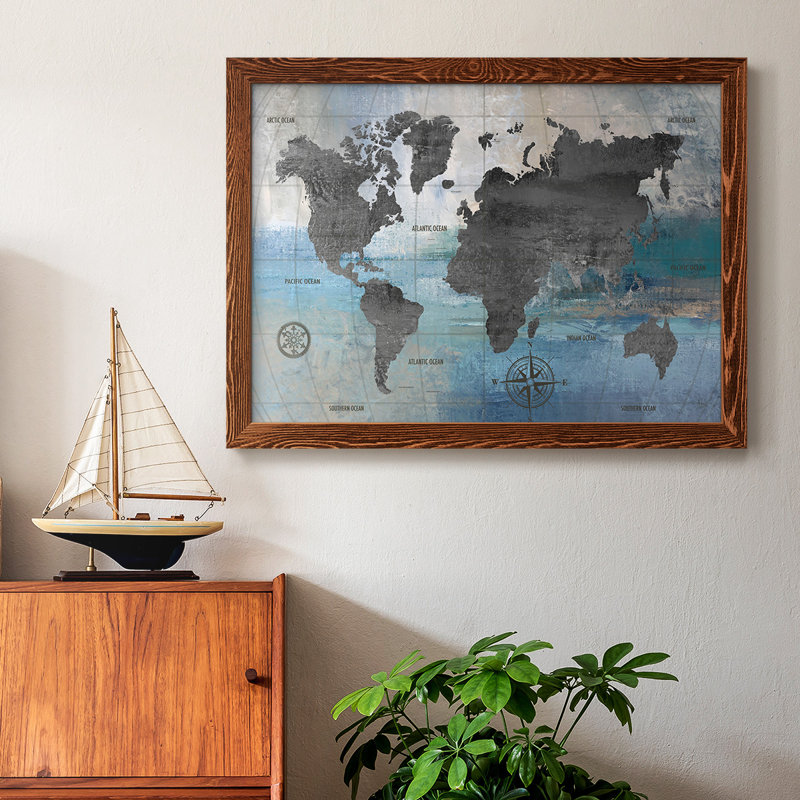 Carte du monde bleue et grise, reproduction sur toile, H 22 po x l 32 po x P 1,5 po, Érable