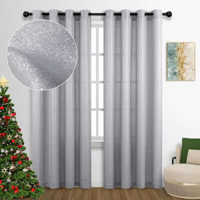 Silver Curtains Grommet Window Drapes Semi Sheer Gray Elegant Luxury Sparkle Glam Shimmer Glitter Crystal Light Gray Curtains 52X84 Long Grey