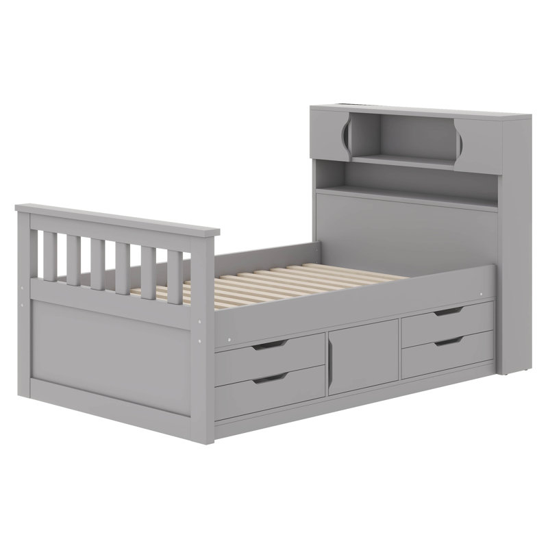 Twin Size Captain Platform Bed Frame With Shelves And Drawers