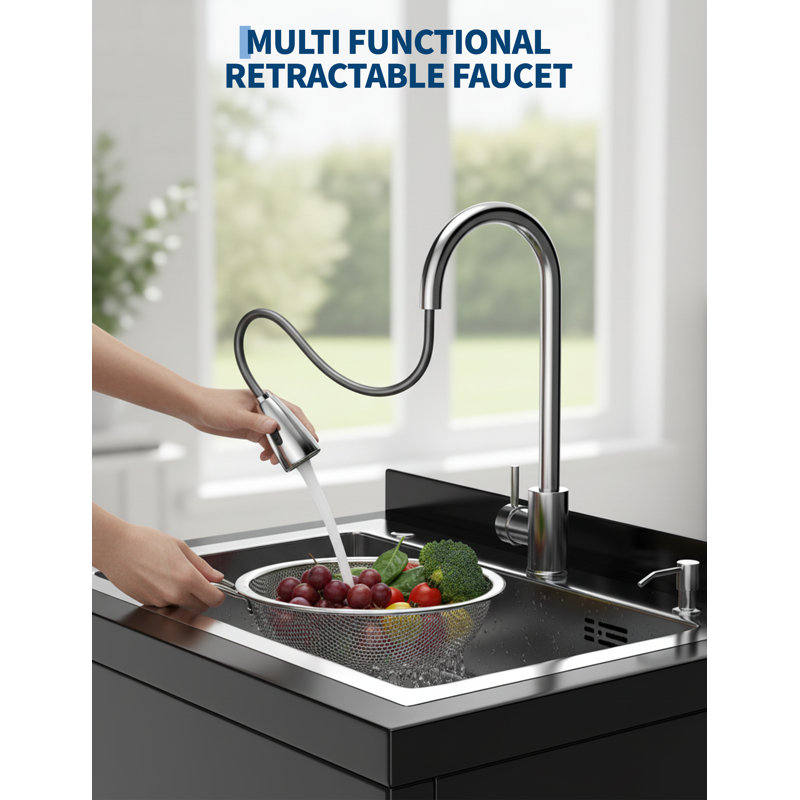 Heavy Duty 304 Stainless Steel Restaurant Utility basin – Freestanding Single/Double Bowl – 360° Pull-Out Hot & Cold Faucet – Includes Drain Kit & Hoses  25.7" × 20.7" × 39.5"