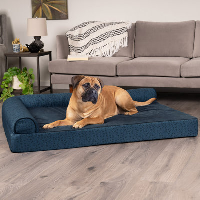 Plush Fur & Almond Print Memory Top Deluxe L-Chaise Sofa Pet Bed