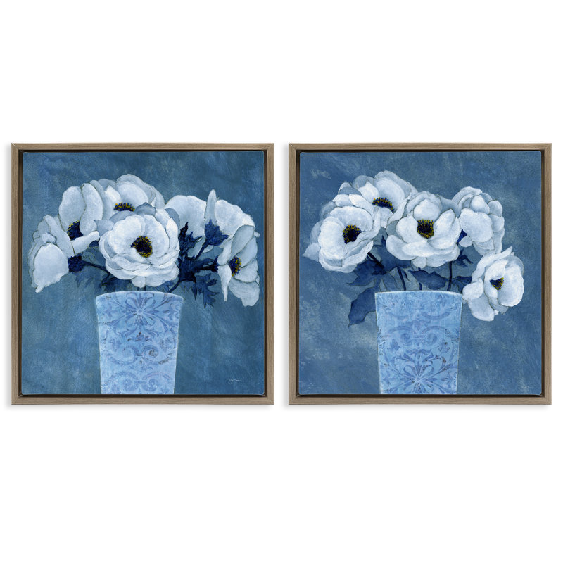  «Magnolia Bouquets on Blue», ensemble de 2 toiles flottantes encadrées par Janet Tava, Cadre flottant orme Montalcino