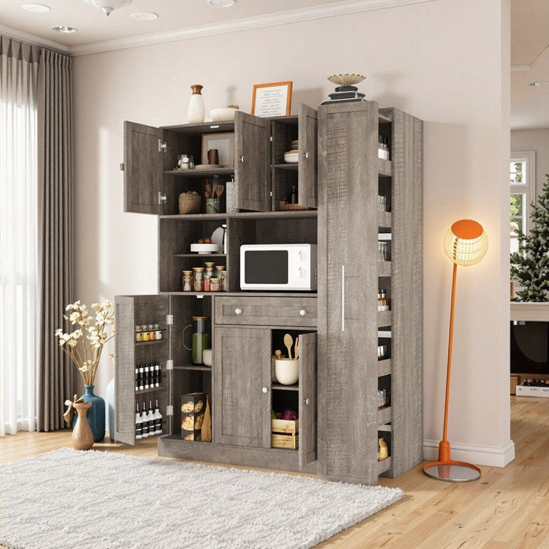 Buffet autoportant de 52,8 po avec rehausse et armoire latérale, Brun