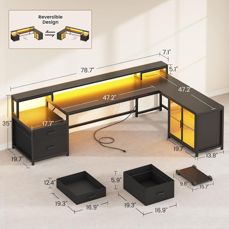 Lelynn L-Shaped Computer Desk with Power Outlet, 	Black