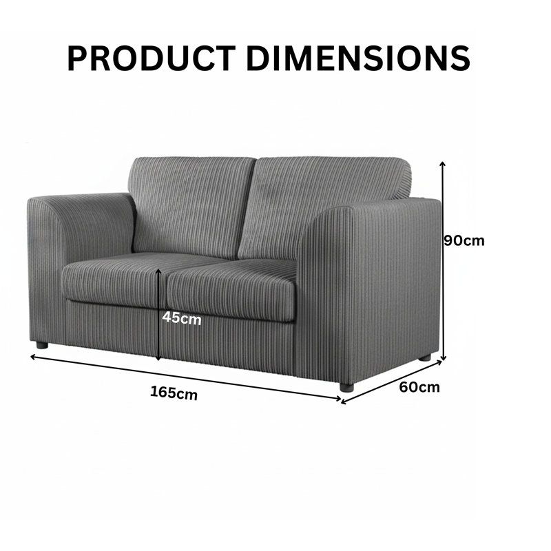 Corduroy Sofa, Grey, 75cm H x 165cm W x 90cm D