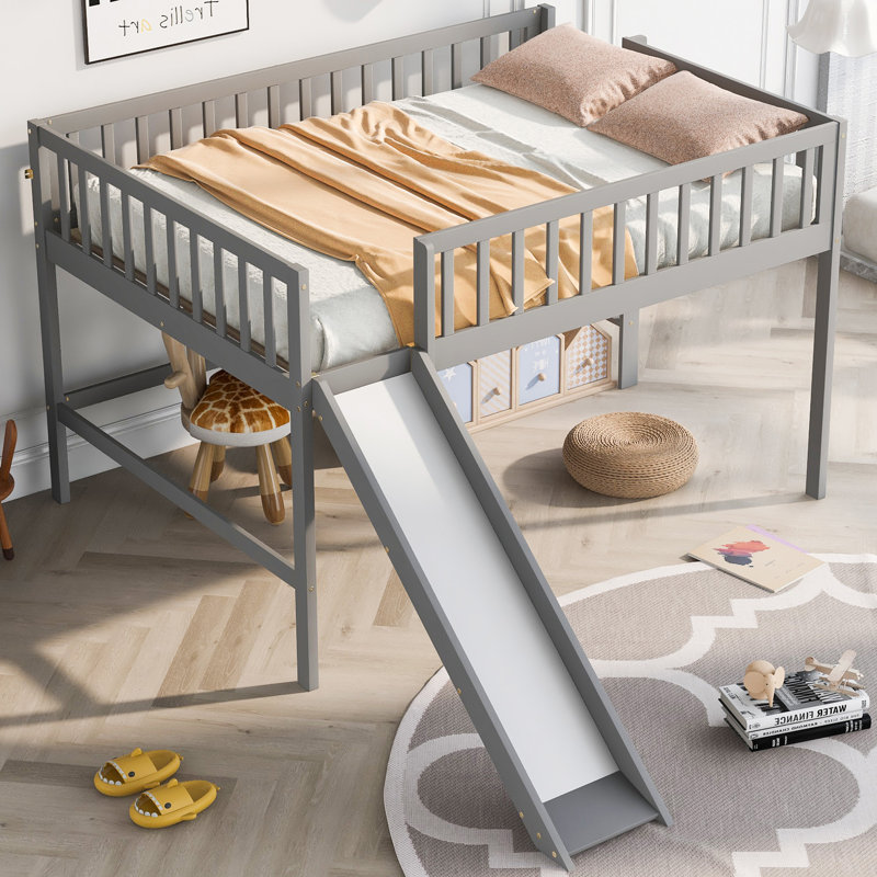 Base de lit en bois avec tête de lit, support en lattes de bois, Gris, Double