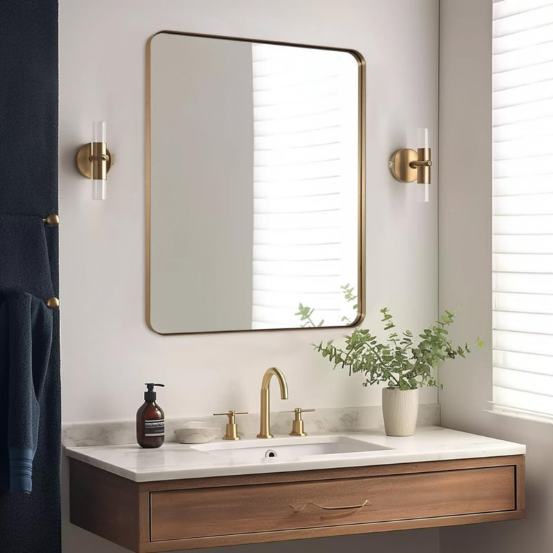 Inse Modern Rounded Rectangle Bathroom Vanity Mirror | Stainless Steel Frame, 36" x 30", Brushed Gold