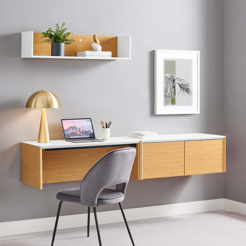 Bureau mural avec armoire et tablette Modway Kinetic, H 23 po x l 76 po x P 18 po, Blanc / Naturel