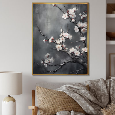 Fleurs de cerisier blanches sur 20 nuances de gris - impression sur toile encadrée cerisier