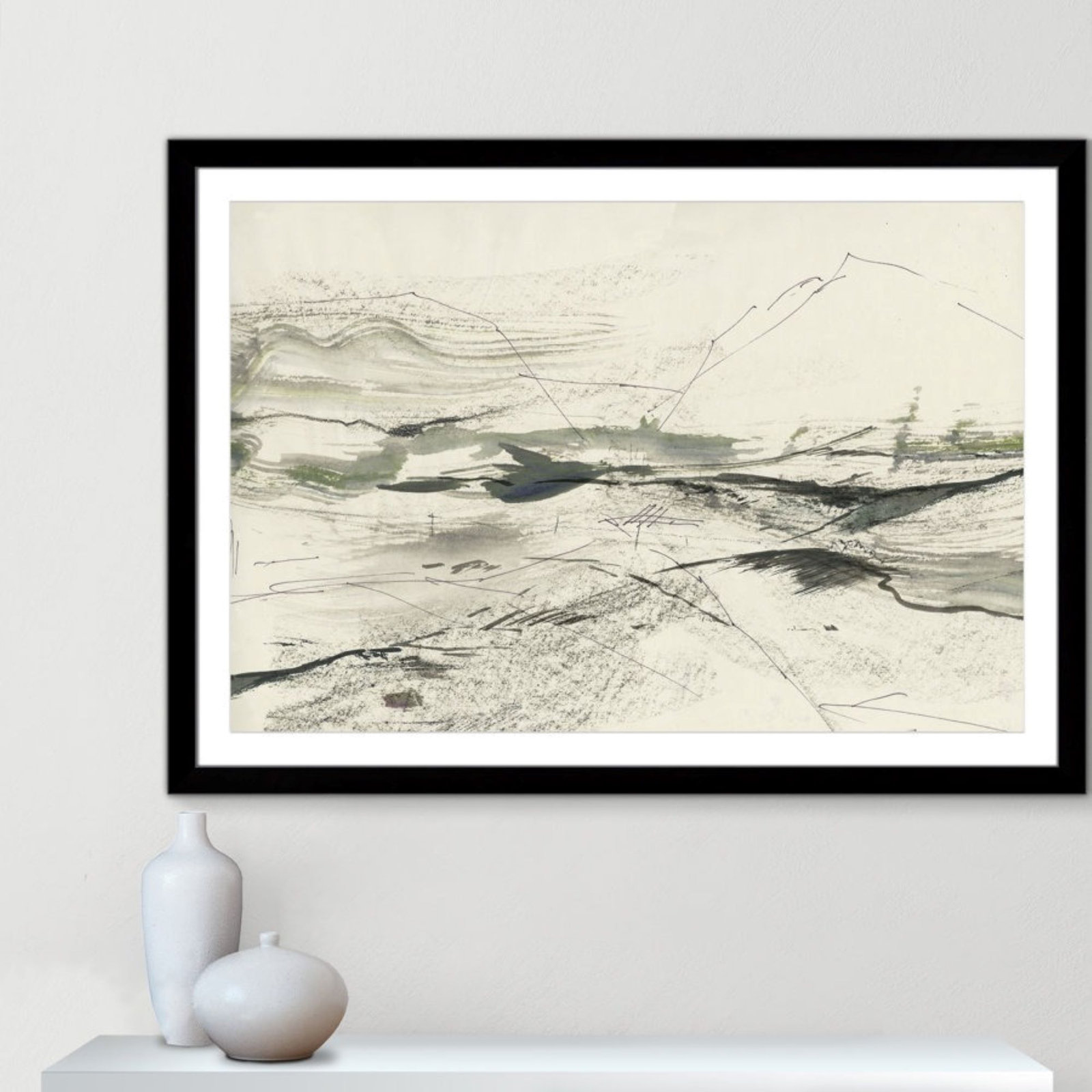 Green Sketches Print by PI Studio, 35" H x 49" W x 1.25" D, Black Cube Picture Framed, White