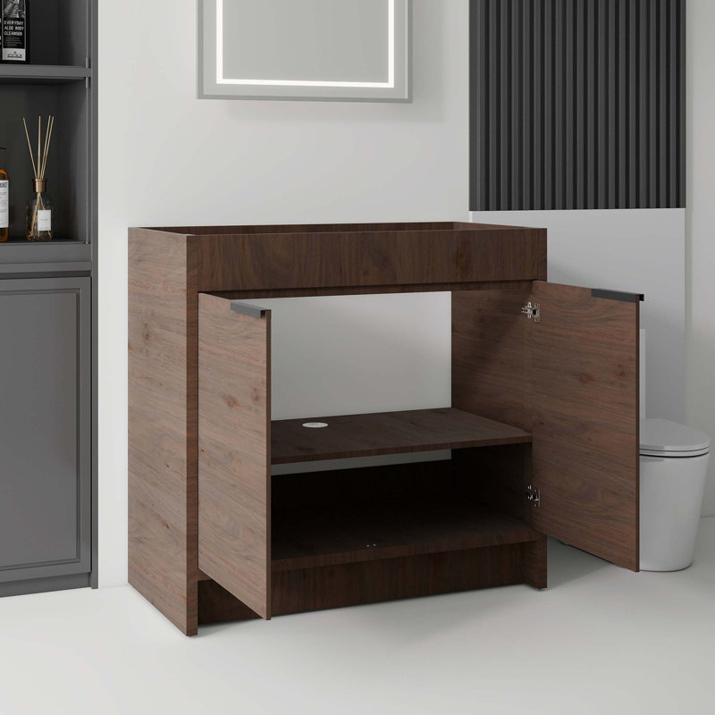 Meuble-lavabo autoportant en contreplaqué avec portes doubles à fermeture amortie, Brun