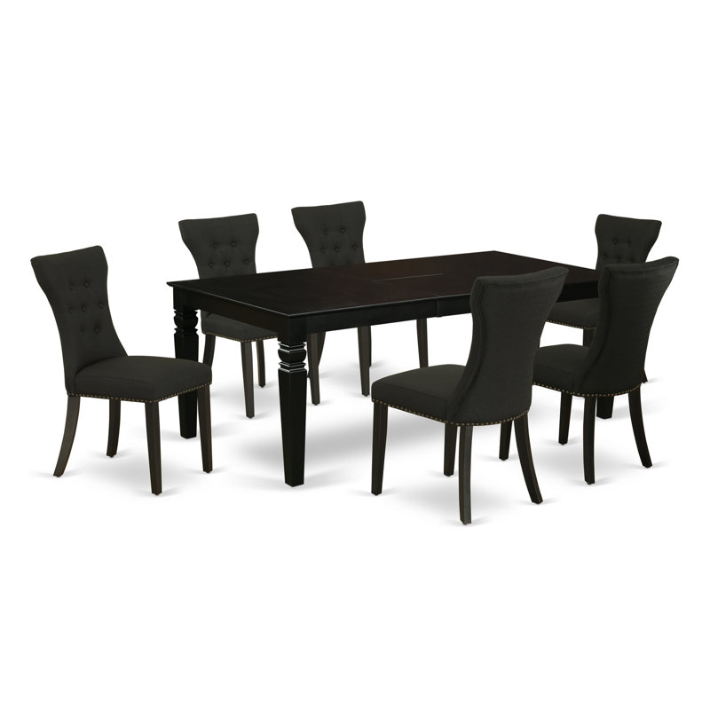 Ensemble de salle à manger 7 pièces composé d'une table de salle à manger rectangulaire avec feuille papillon et 6 chaises rembourrées en tissu de lin noir, noir