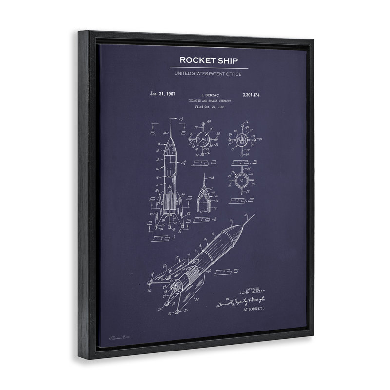 "Rocket Ship Blueprint", art mural encadré par Susan Ball, Cadre flottant noir de jais, H 21 po x l 17 po