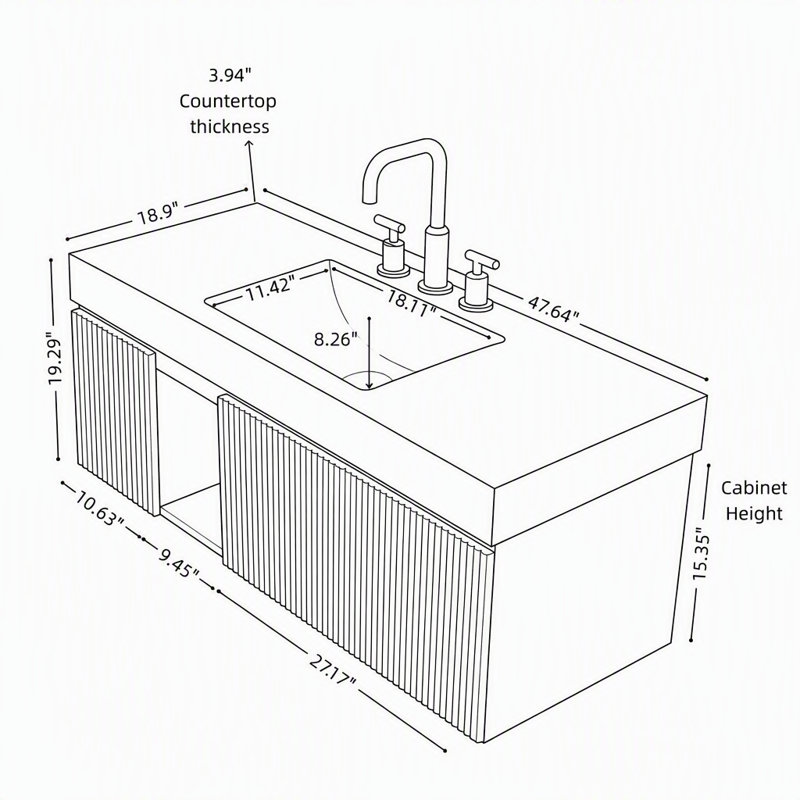 Meuble-lavabo suspendu de 122 cm (48 pouces) avec dessus en pierre frittée couleur crème veinée or, lavabo en céramique et trois trous prépercés pour robinetterie.