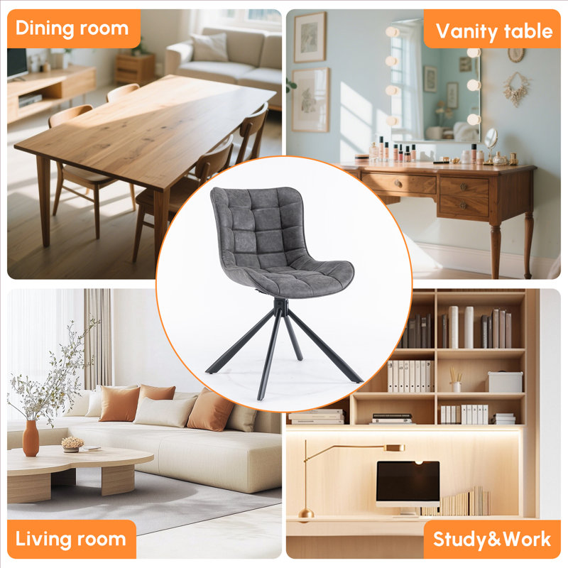 Tufted Swivel Leather Upholstered Side Chairs Modern Dining Chairs with Metal Legs, Dark Gray